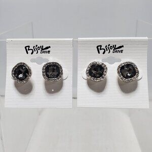 2 PRS of Bijou black gemstone and silver rhinestone earrings 1/2"  diameter